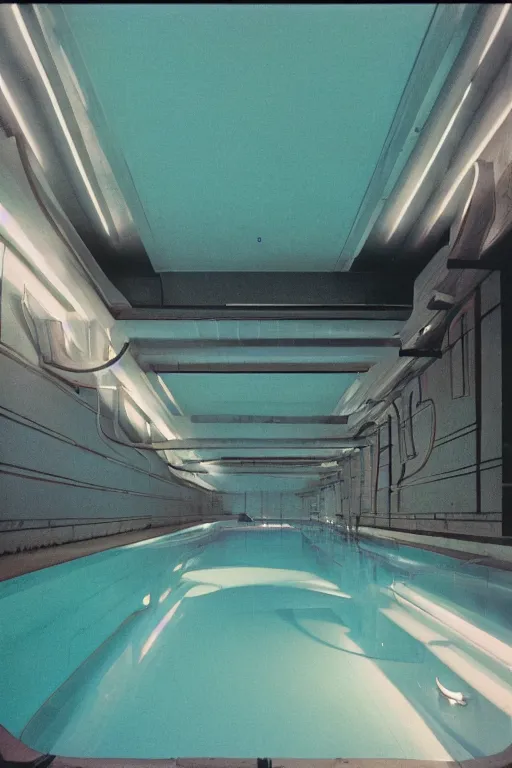 Image similar to non - euclidean tiled curving swimming pool tunnels into infinity, multiple paths, 1 9 6 0 s, color bleed, ektachrome photograph, volumetric lighting, f 8 aperture, cinematic eastman 5 3 8 4 film stanley kubrick