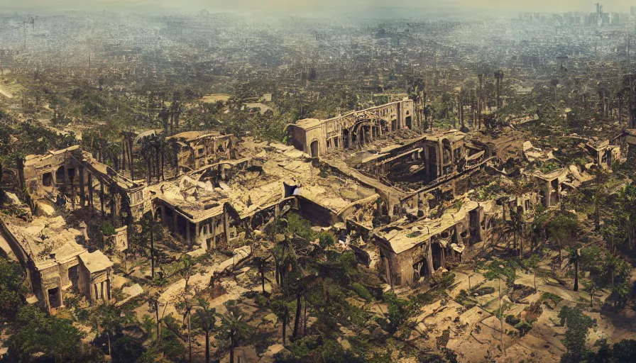 Image similar to Cinematic view of Los Angeles ruins abandoned for centuries and covered by vegetations, destroyed Santa Monica, sunny day, hyperdetailed, artstation, cgsociety, 8k