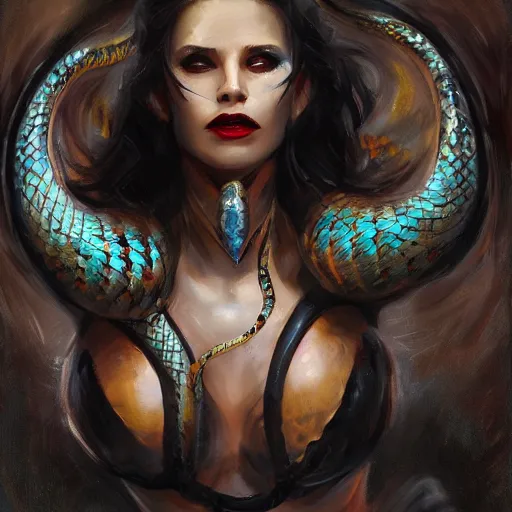 Image similar to snake woman hybrid, long, black scales, bright amber eyes, chest coverd, scales on her chest, smileing happy, cinematographic shot, by daniel f. gerhartz