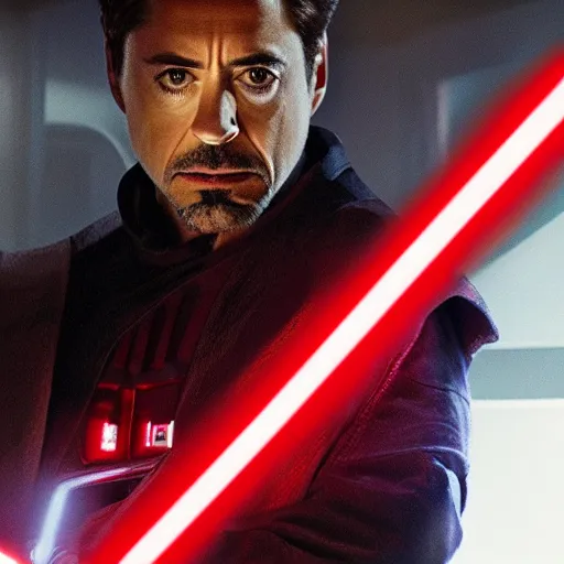 Image similar to Robert Downey Jr holding a red lightsaber dramatically, 4k, very detailed, backlit