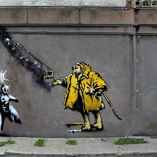 Prompt: banksy street art about everquest
