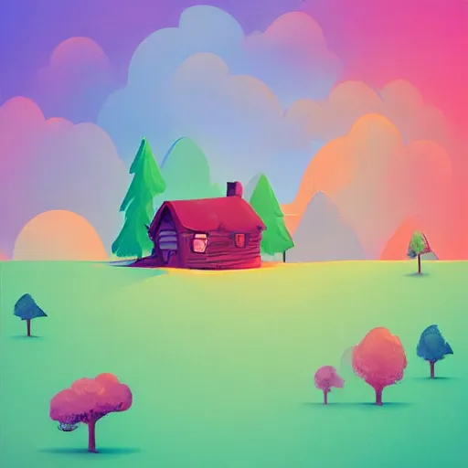 Image similar to dreamy landscape, colorful trees, little cottage, mountains, by Anton fadeev