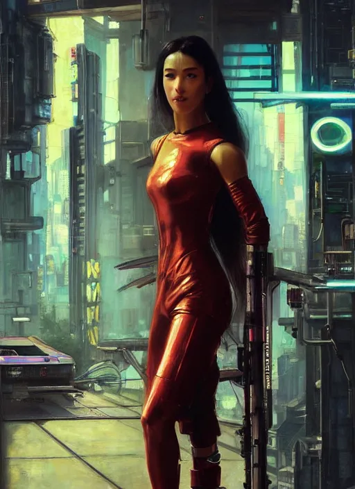 Prompt: Marie Tanaka. Beautiful Cyberpunk mechanic with robotic legs. (Cyberpunk 2077, bladerunner 2049). Gorgeous face. Iranian orientalist portrait by john william waterhouse and Edwin Longsden Long and Theodore Ralli and Nasreddine Dinet, oil on canvas. Cinematic, vivid colors, hyper realism, realistic proportions, dramatic lighting, high detail 4k