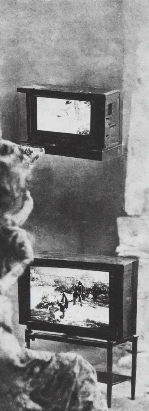 Image similar to 1 9 0 0 s photo of a person watching a flat screen hd tv