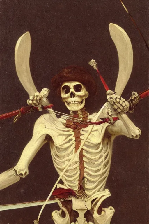 Prompt: portrait of a skeleton archer with bow and arrow in the middle world, wearing helmets with wings, wearing european style armor, holding a sword in both hands, symmetrical, solemn, sacred, aura, by bouguereau