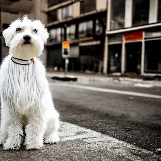 Image similar to photo of a white schnauzer dog with open wings on his back sitting on the street of an abandoned dystopic city, hyprrealism, 5 5 mm photo