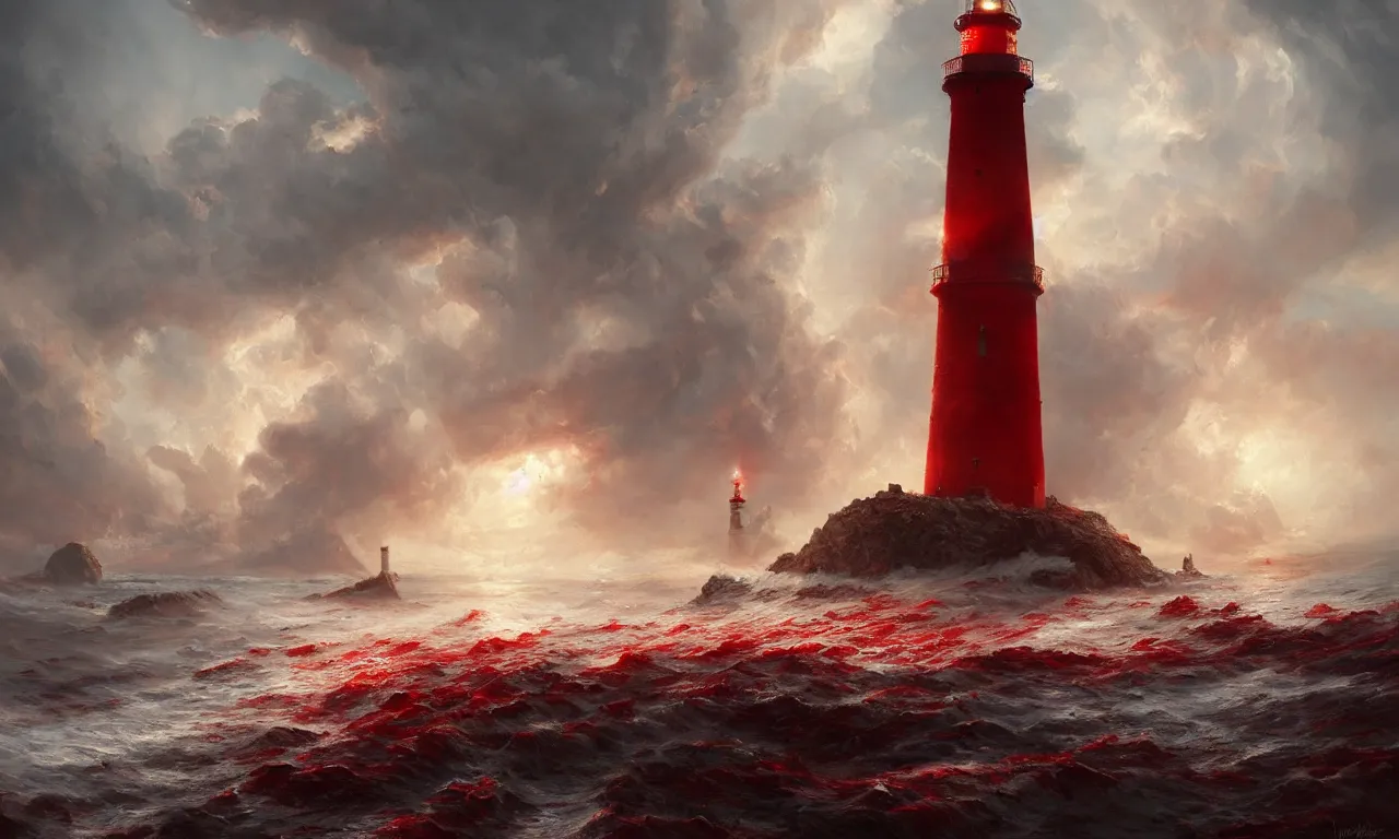 Image similar to a beautiful painting of a lighthouse shining it's light across a violent tumultuous sea of red blood by John Blanche and Greg Rutkowski, trending on Artstation, midjourney