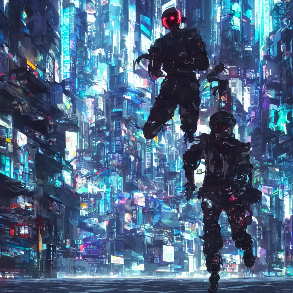 Image similar to a cyberpunk soldier running in full speed in a cyberpunk city, anime