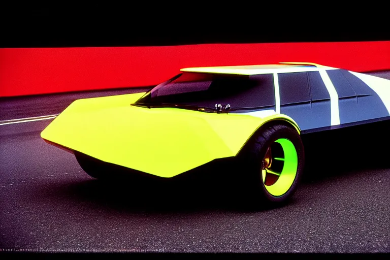 Image similar to designed by giorgetto giugiaro stylized poster of mad max's pursuit special v 8 interceptor concept, thick neon lights, ektachrome photograph, volumetric lighting, f 8 aperture, cinematic eastman 5 3 8 4 film