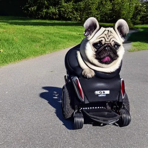 Image similar to a morbidly obese pug riding a turbo boosted wheelchair, high resolution photo