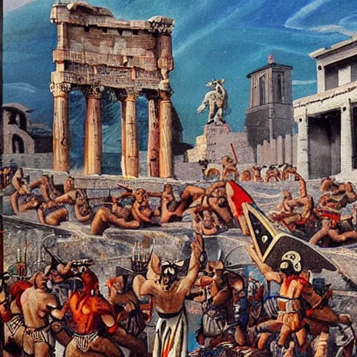 Image similar to aztecs destroy rome, epic painting