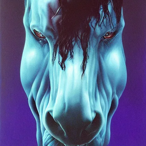 Image similar to Angry Humanoid Horse portrait, dark fantasy, blue, artstation painted by Zdzisław Beksiński and Wayne Barlowe