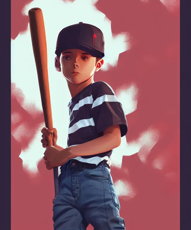 Prompt: a young boy wearing a horizontal striped shirt and a red baseball cap and jean shorts, holding a baseball bat, digital painting, artstation, concept art, sharp focus, octane render, illustration, art by tomer hanuka,