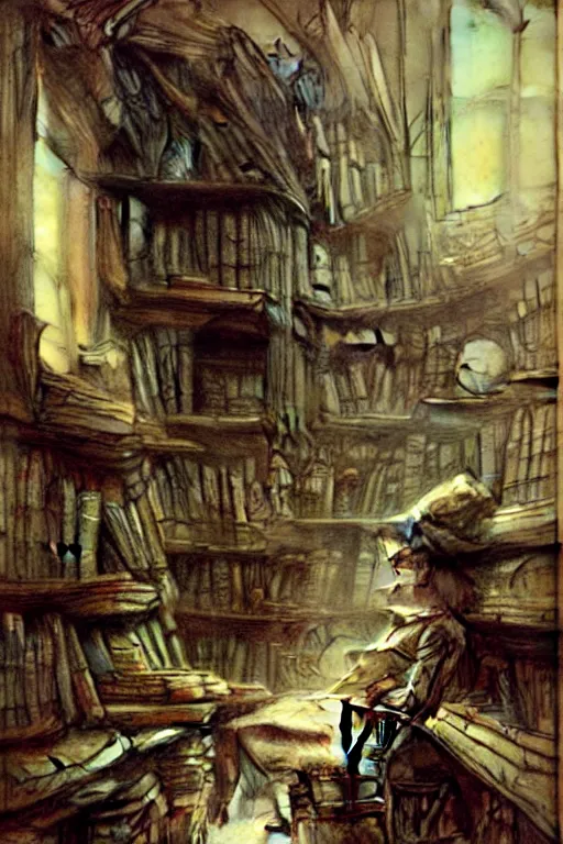 Prompt: ( ( ( ( ( fantasy wizards library interior scene. muted colors. ) ) ) ) ) by jean - baptiste monge!!!!!!!!!!!!!!!!!!!!!!!!!!!!!!