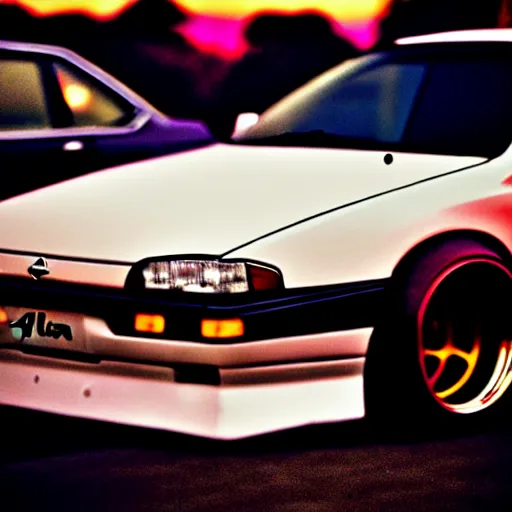 Image similar to a car Nissan Silvia at illegal car meet, Shibuya prefecture, city sunset, cinematic color, photorealistic, highly detailed