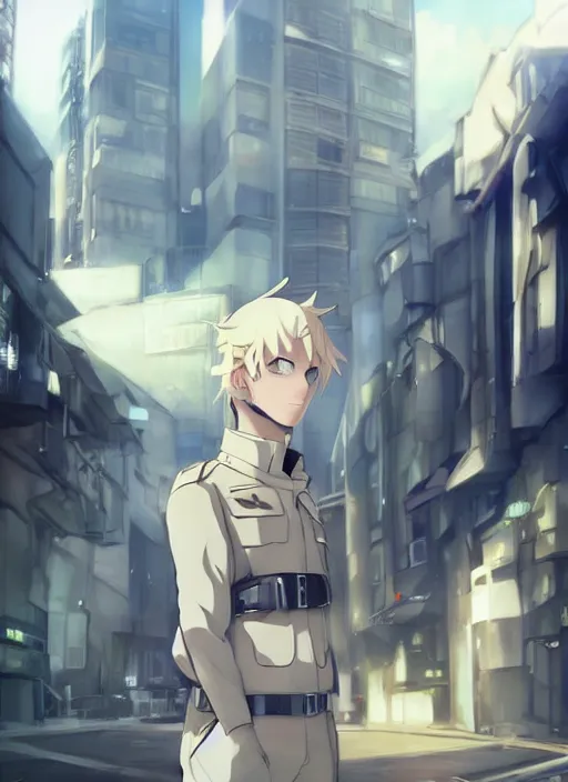 Image similar to beautiful blonde soldier boy at a futuristic city street by makoto shinkai