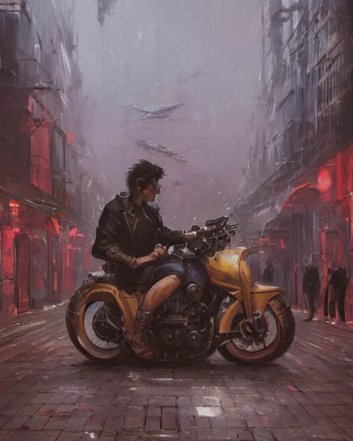 Image similar to a highly detailed epic cinematic concept art CG render digital painting artwork: Akira biker gang. By Greg Rutkowski, in the style of Francis Bacon and Syd Mead and Norman Rockwell and Beksinski, open ceiling, highly detailed, painted by Francis Bacon and Edward Hopper, painted by James Gilleard, surrealism, airbrush, Ilya Kuvshinov, WLOP, Stanley Artgerm, very coherent, triadic color scheme, art by Takato Yamamoto and James Jean