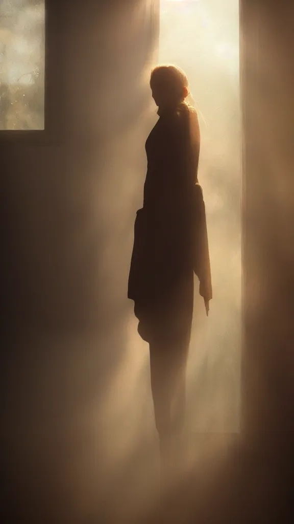 Prompt: very very beautiful photograph of emily skinner looking like annie leonhart standing next to a window god rays shining on her from the sunlight, volumetric fog, smoke, depth of field, beautiful composition, very very very beautifull face, on artstation and instagram