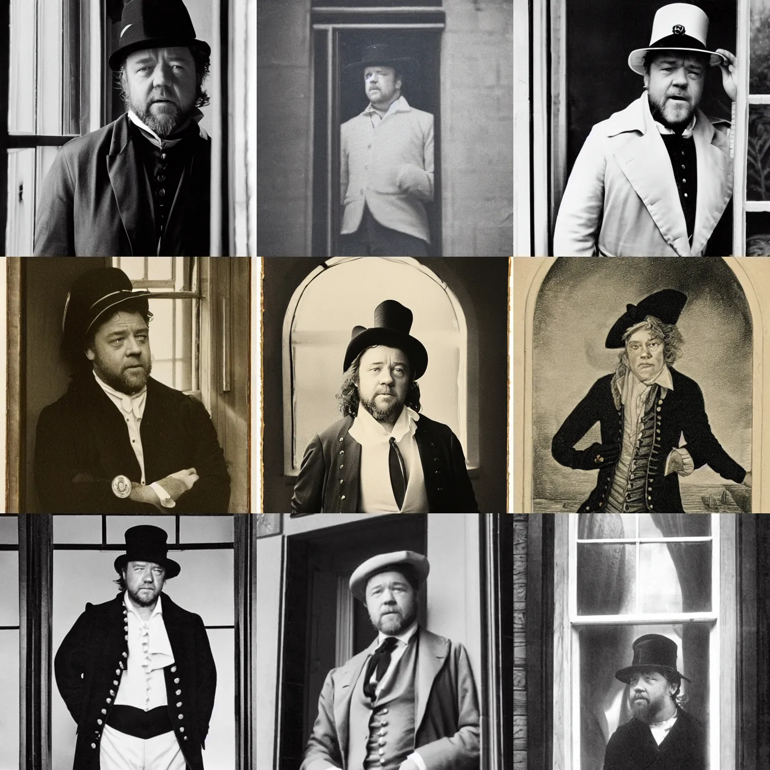 Prompt: russell crowe wearing a sailors suit and hat ( 1 7 0 0 s ) standing behind a windowstaring out towards camera