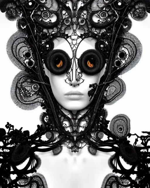 Prompt: surreal black and white photo portrait of complex bio-mechanical beautiful young female vegetal-cyborg with a Mandelbrot fractal steampunk metal fine lace face, a very long neck and a fine metal floral foliage super big lace collar by Alexander McQueen:: high fashion, haute couture, rococo, steampunk, silver filigree details, anatomical, facial muscles, cable wires, microchip, elegant, dreamy, foggy, hyper realistic, 150 mm lens, soft rim light, octane render, unreal engine, picture was taken in 1910 by Man Ray, volumetric lighting, dramatic light,8k,