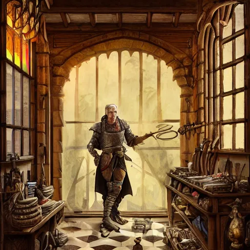 Image similar to full body portrait of Dennis hopper as a devious medieval lord standing on the right inside a big medieval Shop with tall windowpane, shelves full of medieval goods, morning light, trending on artstation, style of peter mohrbacher, unreal engine, octane render, intricate details, 8k high definition, beauriful, ornate, hyperrealistic