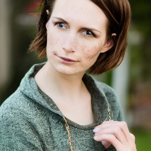 Image similar to 3 1 year old woman, short brown hair, freckles, green eyes, grey sweatshirt, rococo, elegant