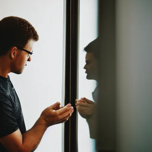 Image similar to professional photograph of a man touching a mirror on the wall