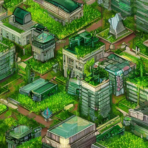 Image similar to s city covered by a lot of green vegetation,artstation,very detailed