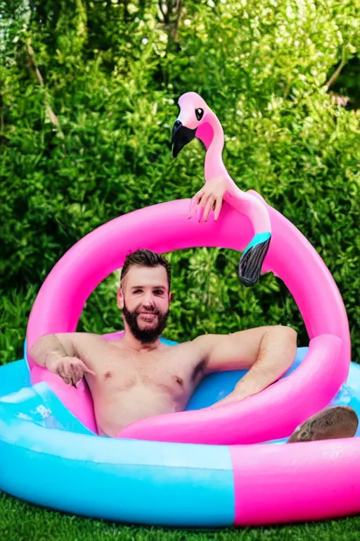 Prompt: man sitting in a pink kiddie pool, lawn flamingo, backyard, pool floaties