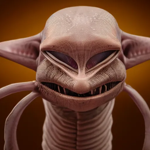 Prompt: an alien pet creature with weird features, looking inquisitively at the camera, studio lighting