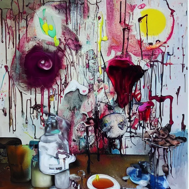 Prompt: “ sensual, neo - expressionism, surrealism, a portrait in a female art student ’ s apartment, pancakes, mushrooms,, art supplies, a candle dripping white wax, berry juice drips, acrylic and spray paint and oilstick on canvas ”