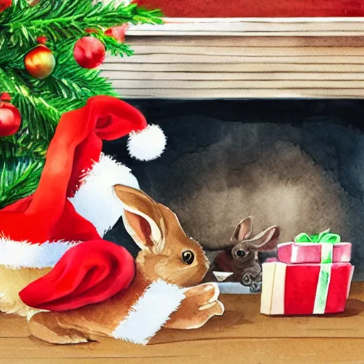 Image similar to a rabbit wearing a santa hat, places a christmas present underneath a christmas tree inside a cozy livingroom, realistic watercolour style