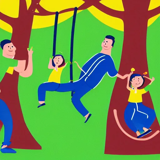 Image similar to a cartoon illustration of mom dad and kid who are shaped like a circle, pushing their kid on a tree swing. bold colors, indigo, mustardy yellow, pea green