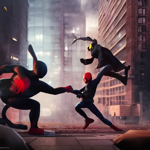 Prompt: spiderman noir fighting pikachu in a violent clash, volumetric lighting, dynamic composition, art by sachin teng and sergey kolesov and ruan jia and heng z, scifi, fantasy, hyper detailed, ultra realistic, sharp focus, wildlife photography, national geographic, octane render, concept art