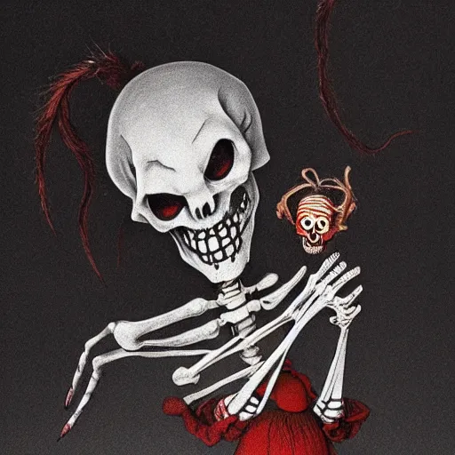 Image similar to skeleton girl, horror, grunge, loony toons style, illustrated by zdzisław Beksiński and dr seuss., Trending on artstation, artstationHD, artstationHQ, 4k, 8k