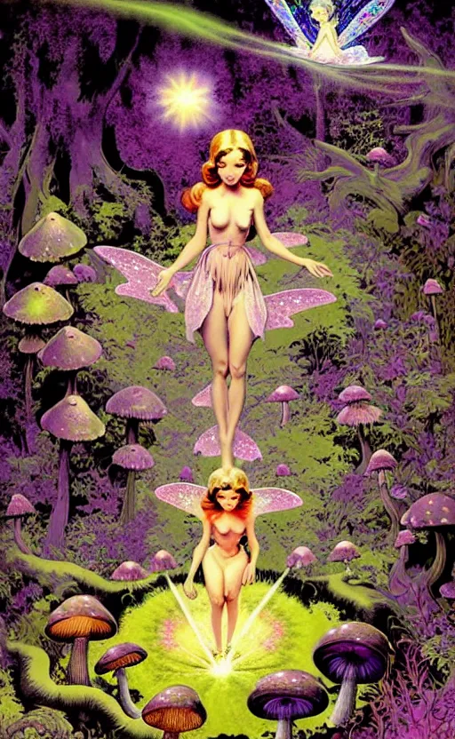 Image similar to stars in the sky, fairies with detailed faces, enchanted forest, mushrooms on the ground, psychedelic, wide angle shot, white background, vector art, illustration by frank frazetta