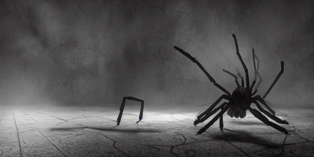 Prompt: spider\, horror, dark cinematic, volumetric, realistic, 3d render, Realistic Render, Cinematic lighting, Volumetric lighting, atmospheric, cinematic, unreal engine, unreal engine render, octane render, HD, photorealism, hyper realistic, photo, 8K, in the style of Chris Cunnigham, by Wes Anderson