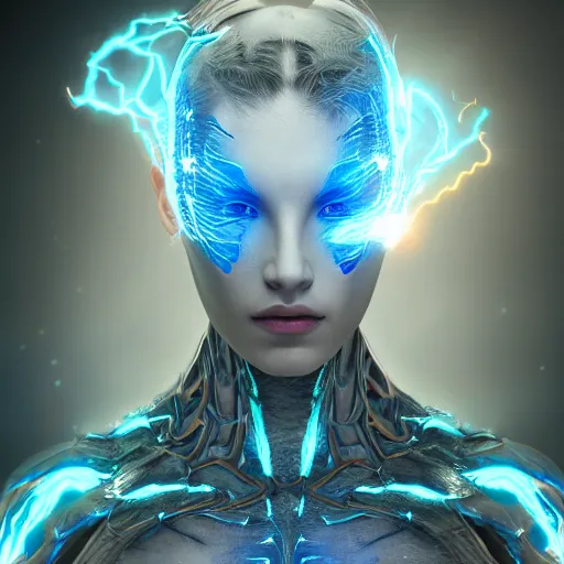 Prompt: photography of a hyper realistic highly detailed stunning humanoid creature, controls complex and highly detailed blue lightning storms as a super power. professionnal digital art, artstatiom, stuning, intricate, complex, unreal engine 5.