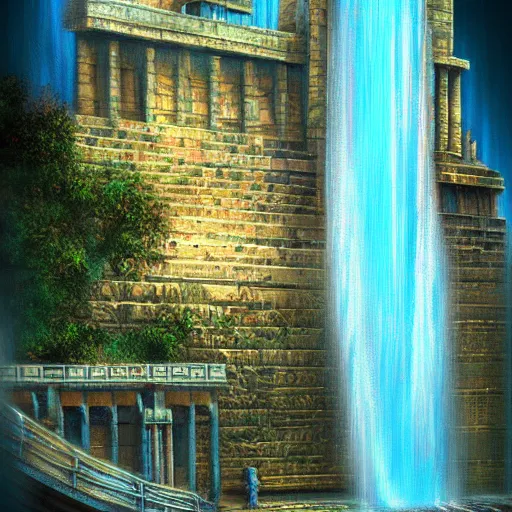 Prompt: old babylonian structure with waterfalls, retrowave epic art, trending on art station