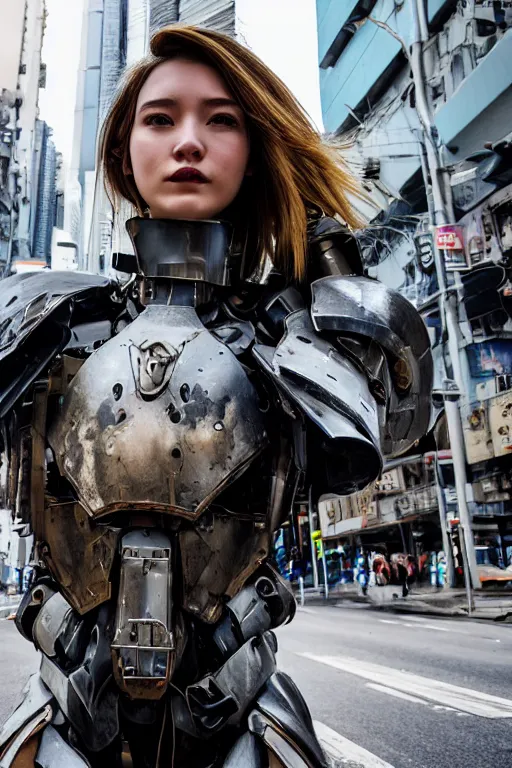 Image similar to portrait cinematography of beautiful young female, clothed in sci-fi military armor, long hair blowing in the wind. Giant mechs in the streets of Hong Kong. by Anita Sadowska