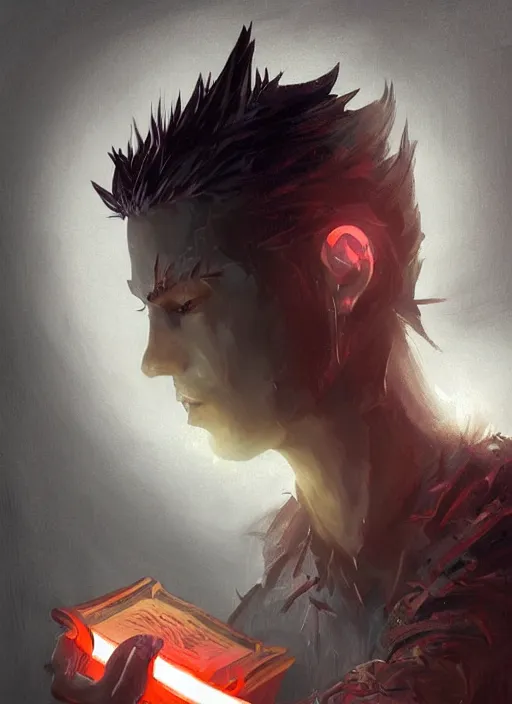 Prompt: character concept portrait of a handsome young dark wizard with olive skin and buzzed short spiky hairstyle casting a dark magic spell with red and orange glowing runes, a floating iridescent spell book, intricate, elegant, digital painting, concept art, smooth, sharp focus, illustration, from Metal Gear, by Ruan Jia and Mandy Jurgens and Artgerm and William-Adolphe Bouguereau