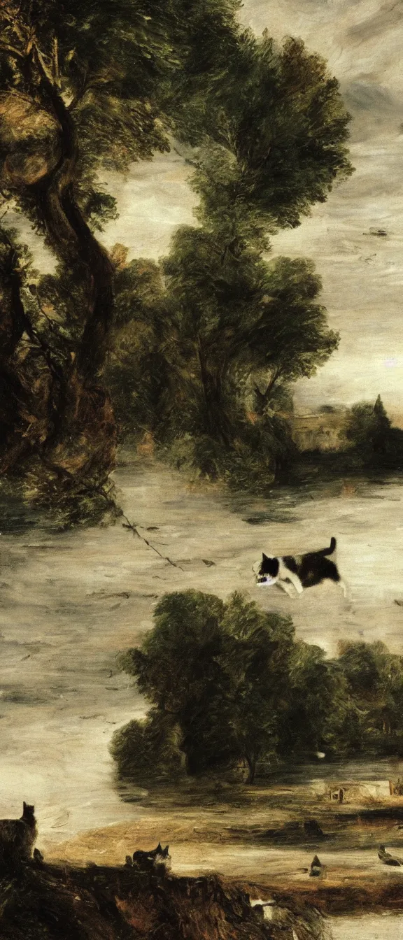 Prompt: a cat with white and black fur floating over a river at night, low exposure, painting by john constable, pieter brueghel, dynamic lighting, beautiful render, hd phone wallpaper, octane render