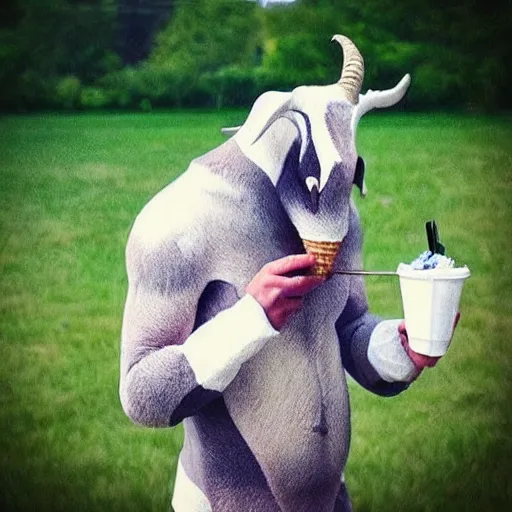 Image similar to “ goatman eating ice cream, summertime, hyperrealistic ”