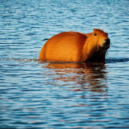 Prompt: professional photo of a capybara sitting on a watermelon that is floating in the middle of the ocean at sunset, taken on a hasselblad xd 1 with a 5 5 mm lens at f / 4. 5