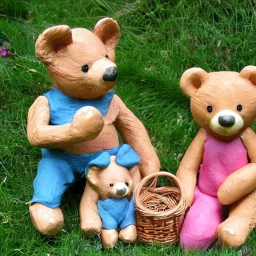 Image similar to teddy bears picnic in the style of carol lawson, as clay figures,