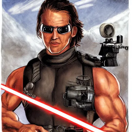 Image similar to muscular man, black vest with no shirt underneath, goggles around his neck, cargo pants, ammo belt, holding a blaster, star wars, long black hair in a ponytail, five o' clock shadow, comic book art, distance shot