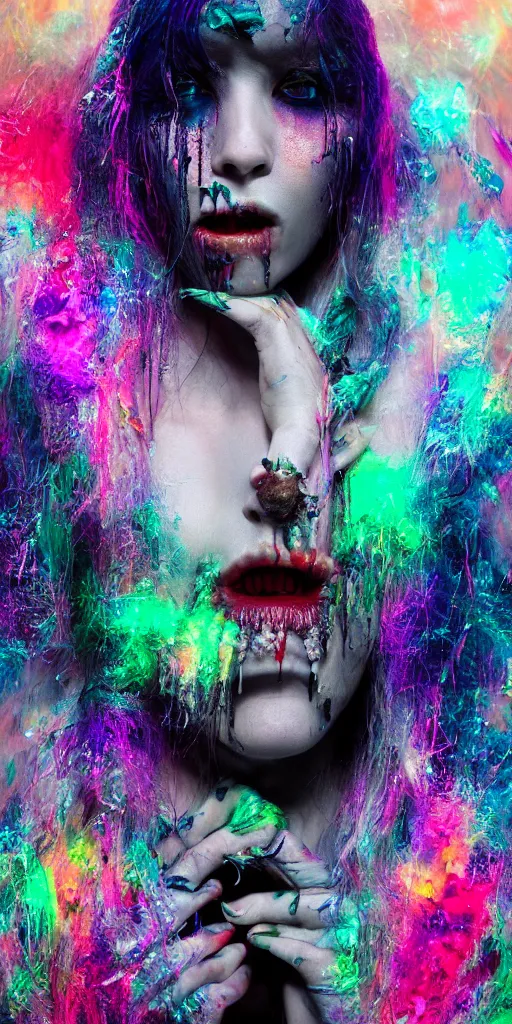 Image similar to impossibly beautiful vampire with large vampire fangs, full body, intricate complexity, horror, psychedelic glitch art, rainbow drip paint, trending on art station, photoreal, 8k, octane render