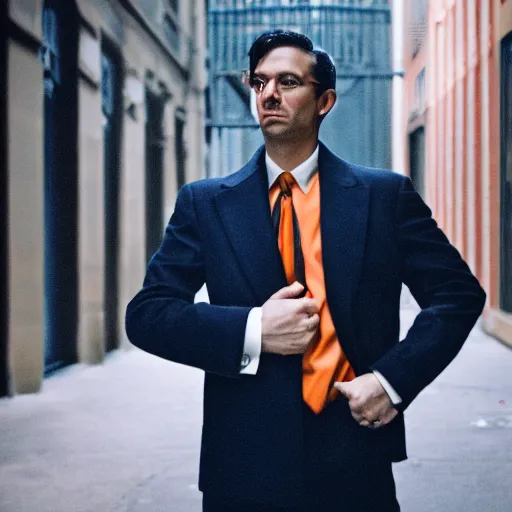 Image similar to film noir detective in navy and burnt orange hues, 40mm lens, shallow depth of field, split lighting