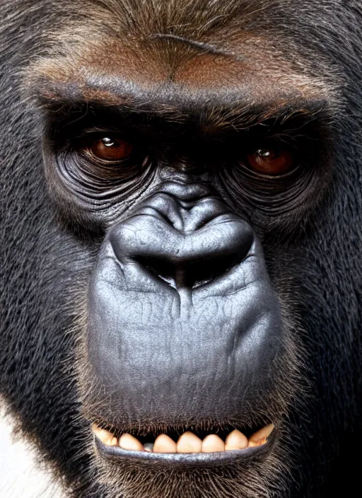 Image similar to platon closeup photograph of harambe in a suit, photorealistic, studio lighting, ektachrome, detailed, intricate, face detail