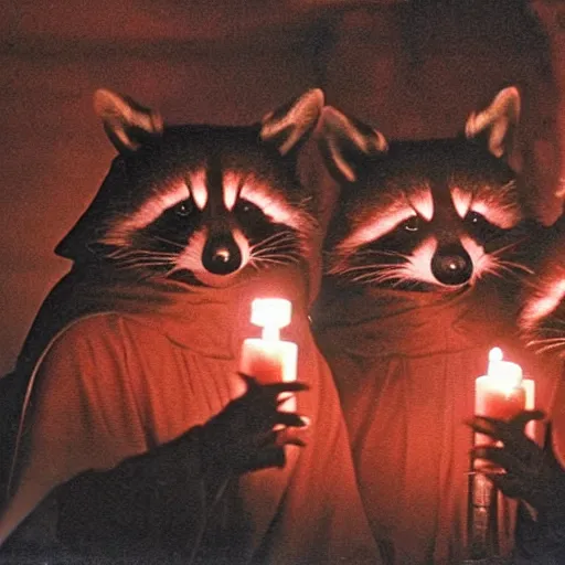 Prompt: 1 9 8 0's award winning sci - fi movie still, a group of raccoons wearing dark cult robes look towards the camera in surprise and anger as they perform a dark occult evil ceremony inside the secret lair of an underground mystery cult, dramatic candlelight, pentagrams, ultra - detailed, photorealistic, 4 k